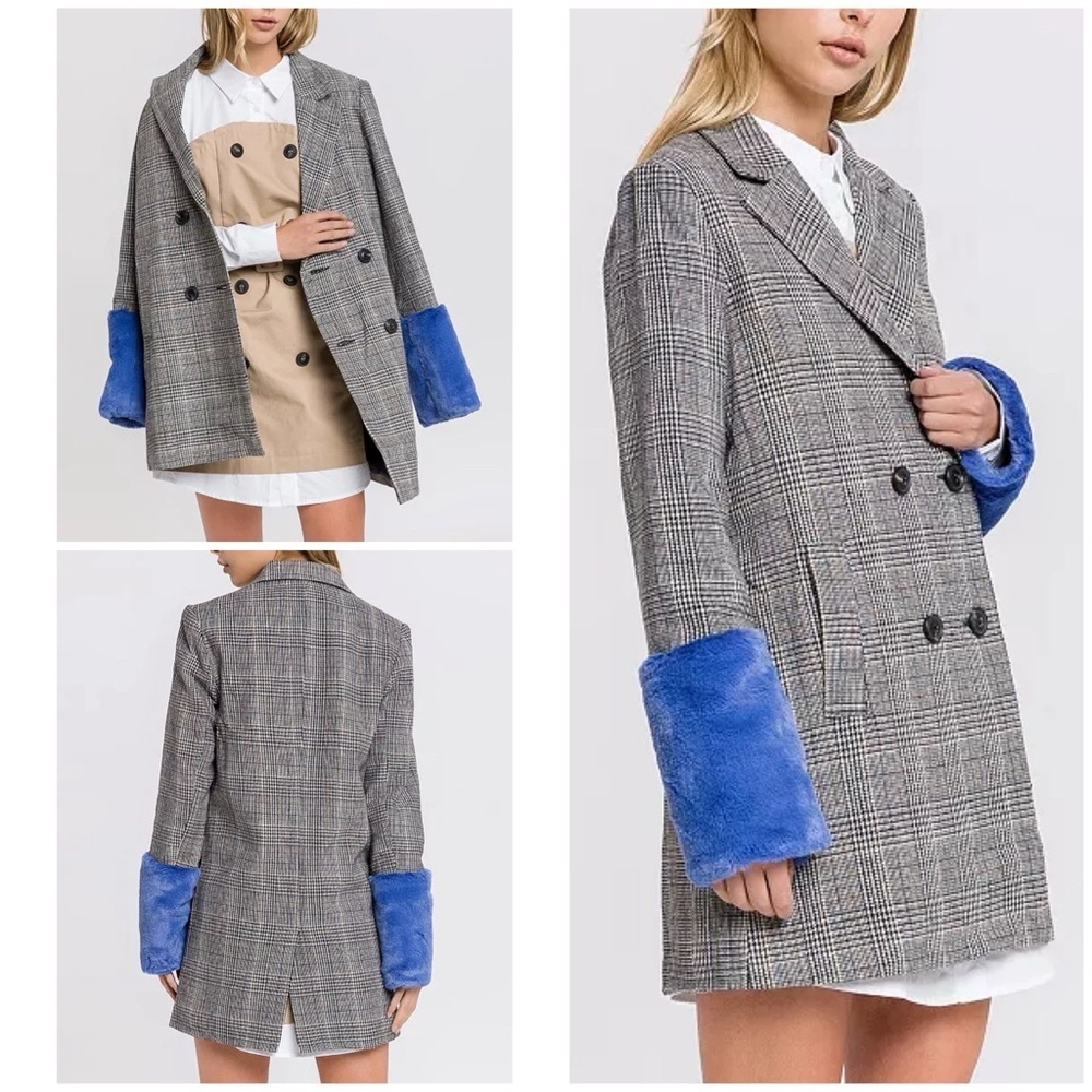 EUC Isalis Gray Plaid Blazer with Blue Faux Fur Cuffs Jacket Small​